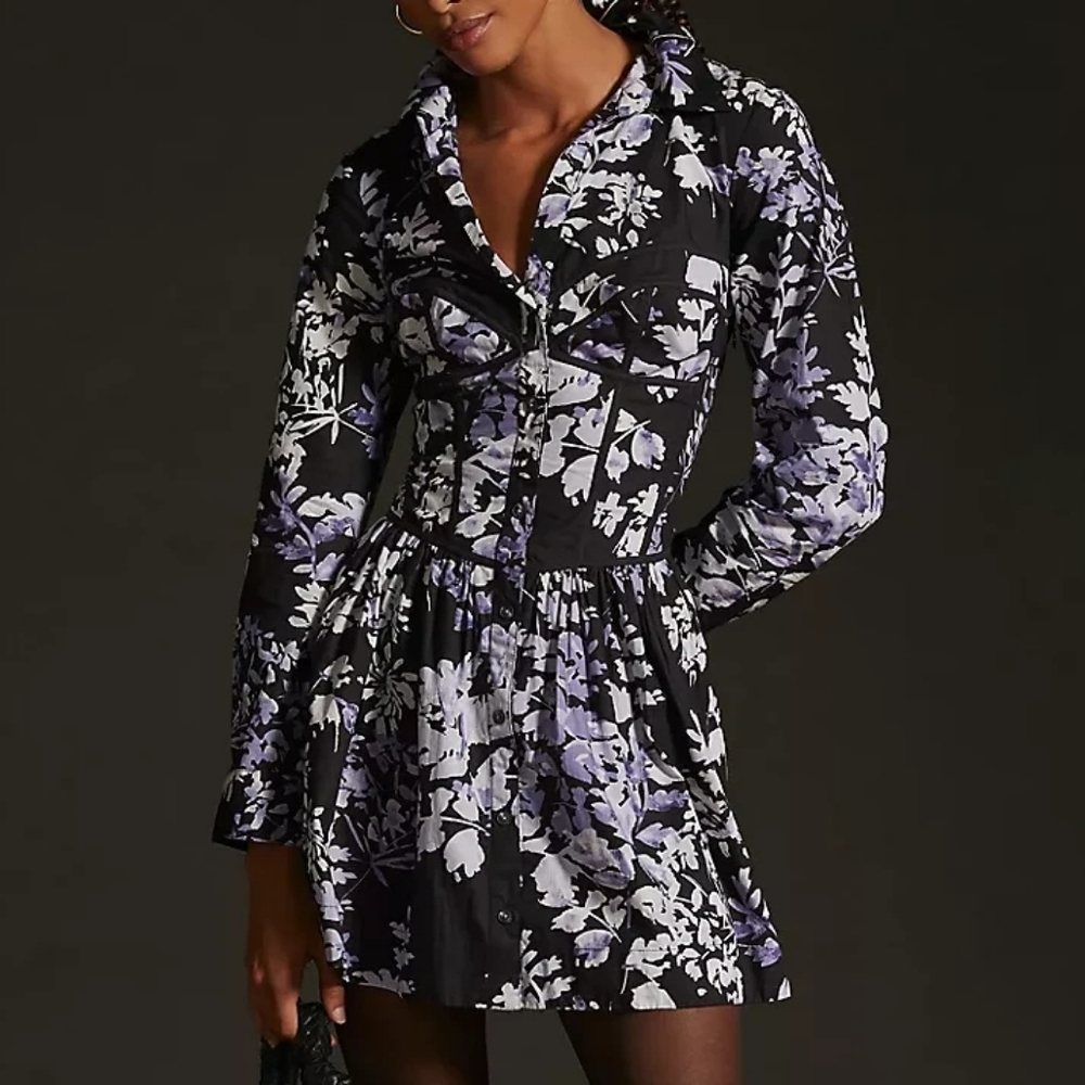 By Anthropologie Black Purple Floral Long Sleeve Corset Shirt Mini Dress 6